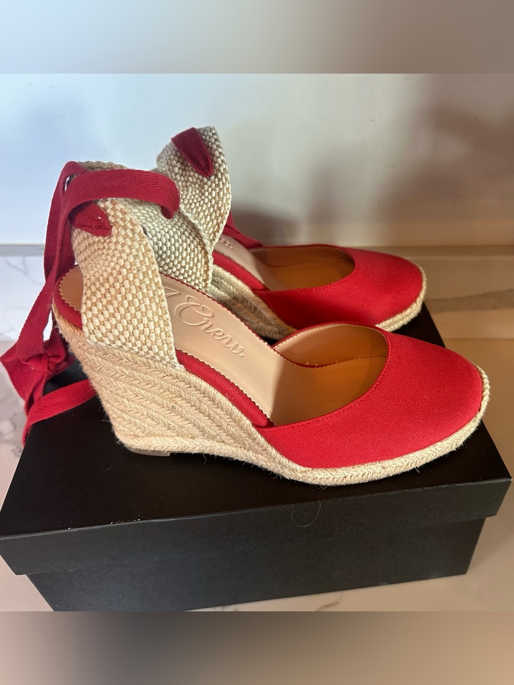 J Crew Canvas Red High Heel Espadrille Heels with Wrap Tie, Sz 8, retailed $158